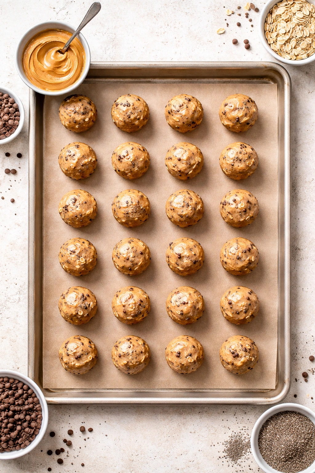 Tray of twenty-four energy balls evenly arranged