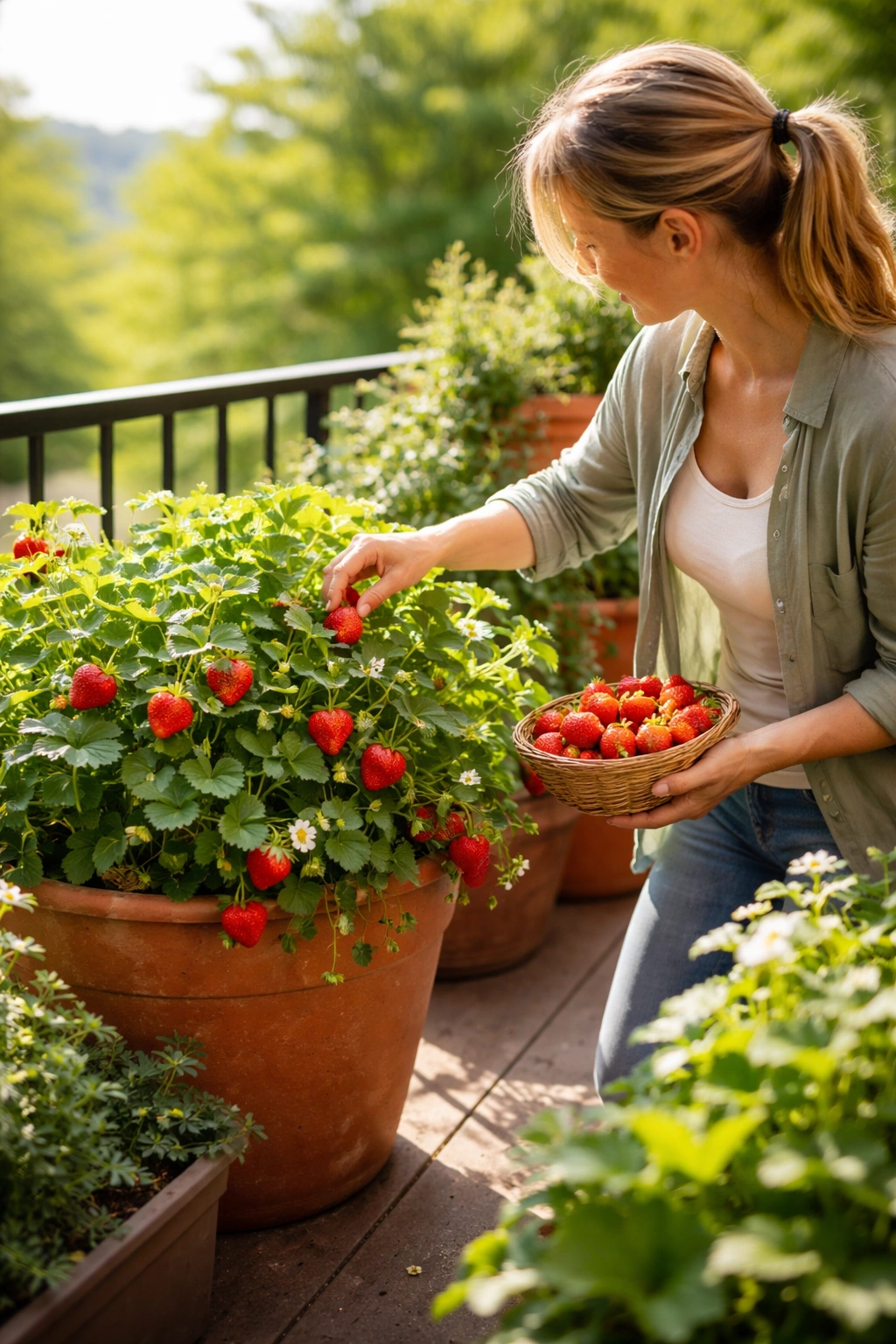 Person harvesting fruit from a sunlit balcony container garden, illustrating environmental and health benefits