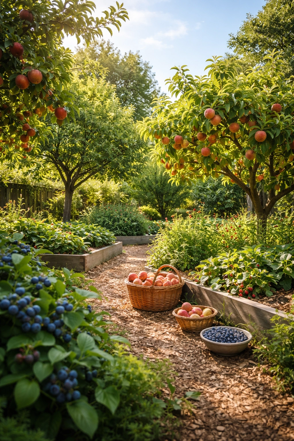 Sustainable backyard fruit garden with trees and shrubs