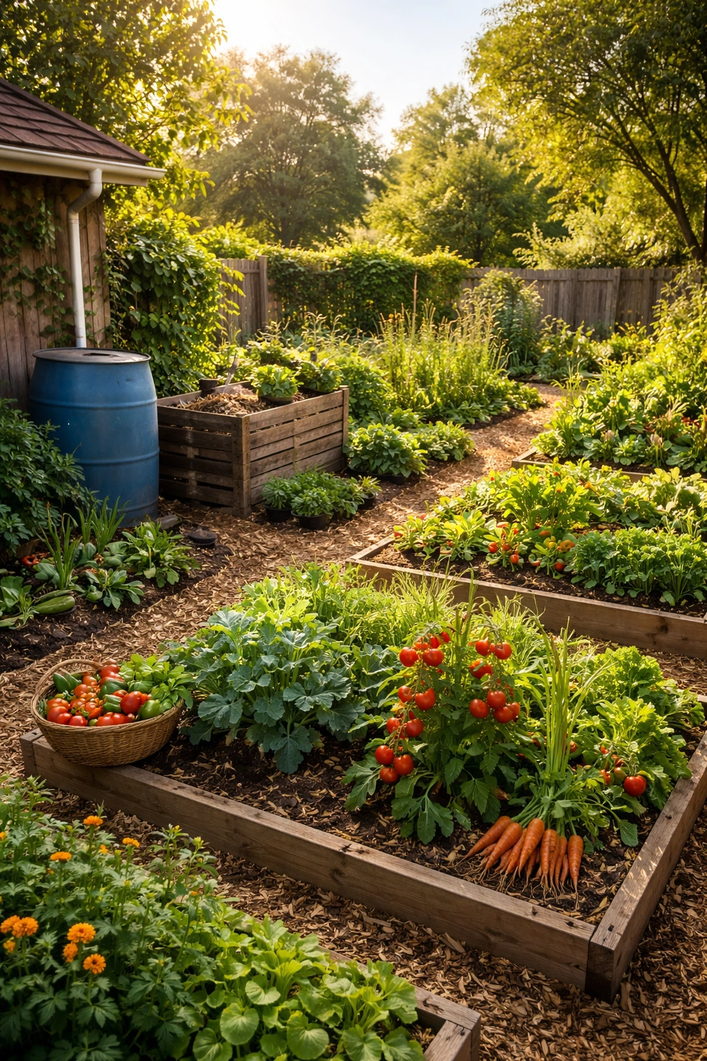 Backyard garden with rain barrel and compost for sustainability