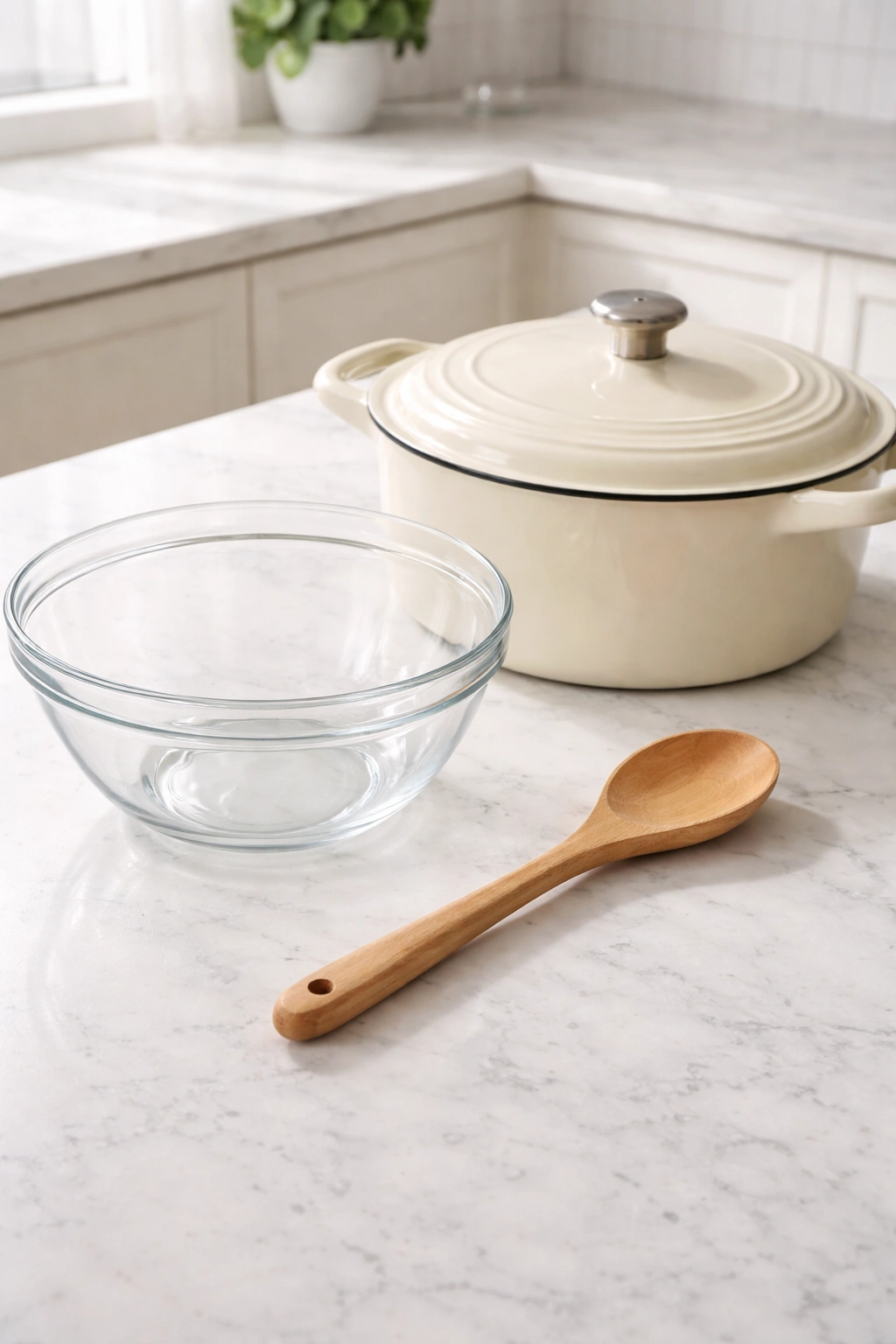 Dutch oven, bowl, and wooden spoon on clean countertop