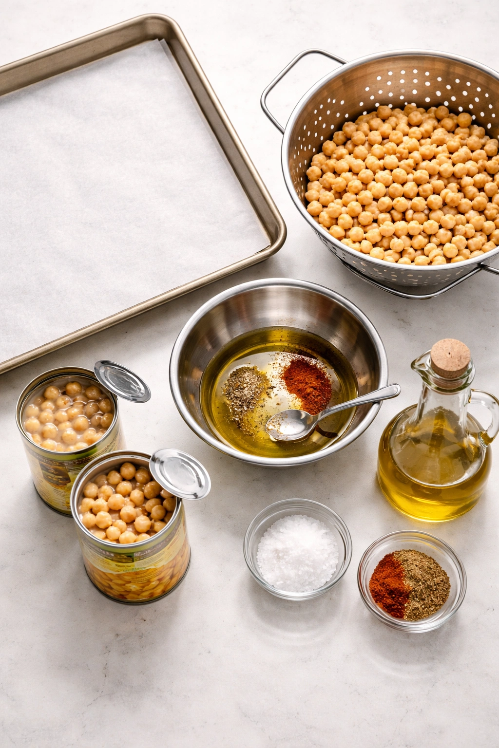 Top-down view of baking sheet, colander, bowl with oil and chickpeas