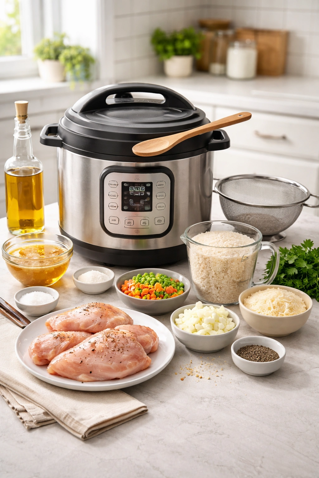 Instant Pot with wooden spoon and fine-mesh strainer on counter