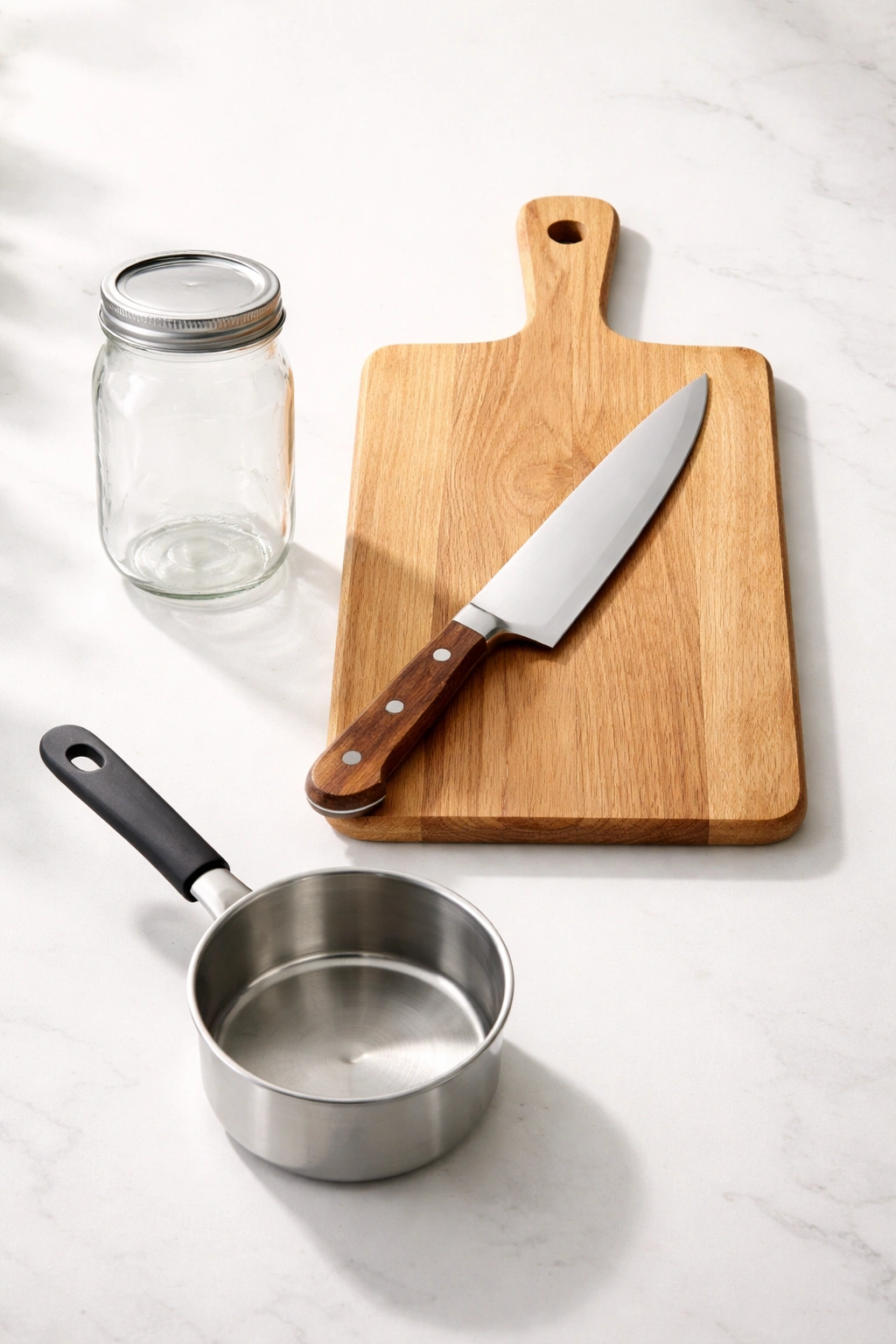 Flat lay of jar, cutting board, knife, and pot for quick pickling equipment
