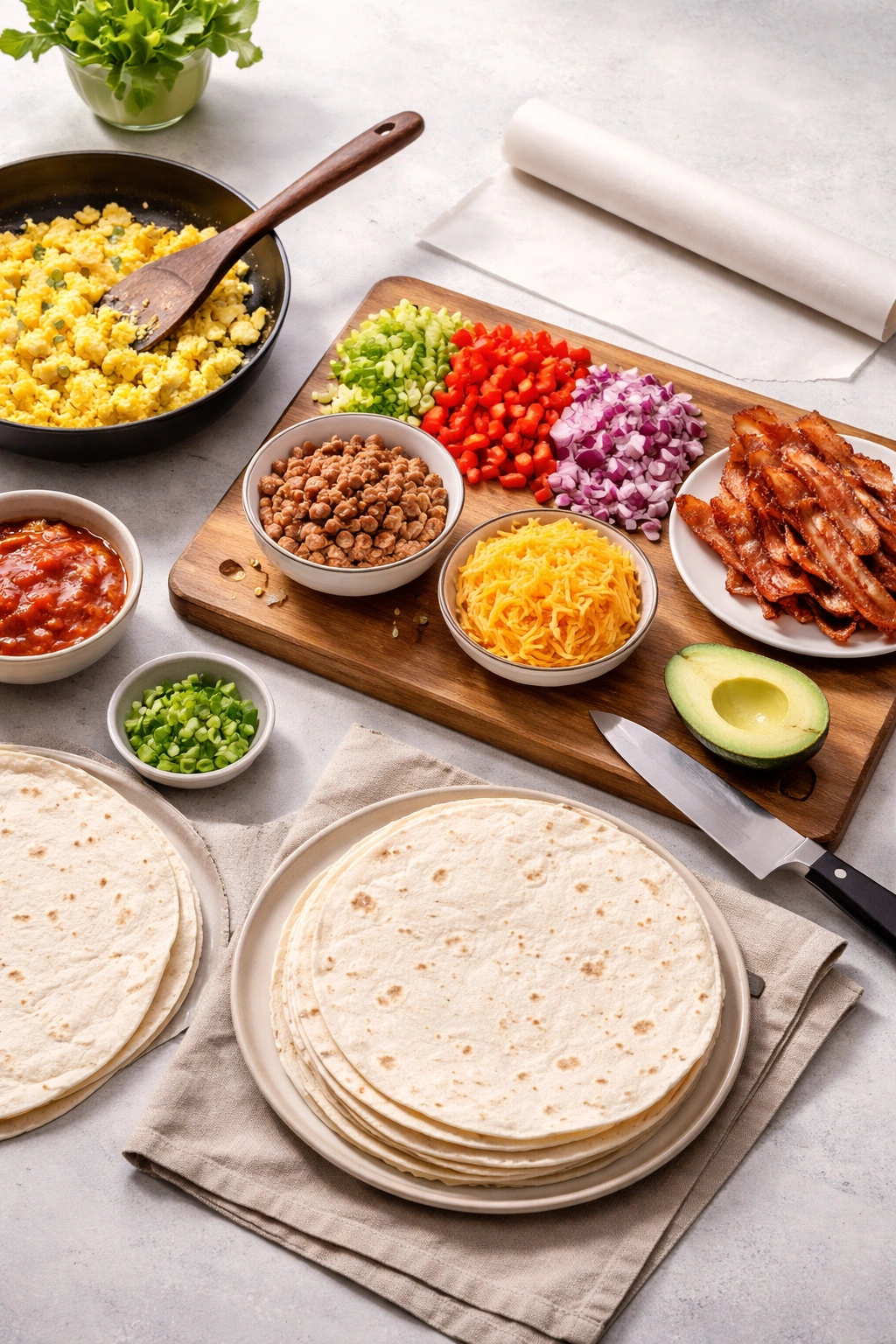Nonstick skillet, parchment paper, cutting board, and knife neatly arranged on a counter