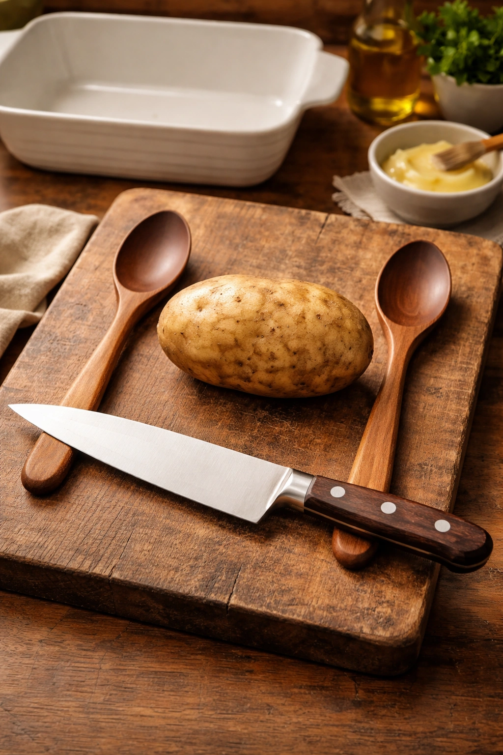 Knife and depth-guide spoons setup for Hasselback slicing on a cutting board.