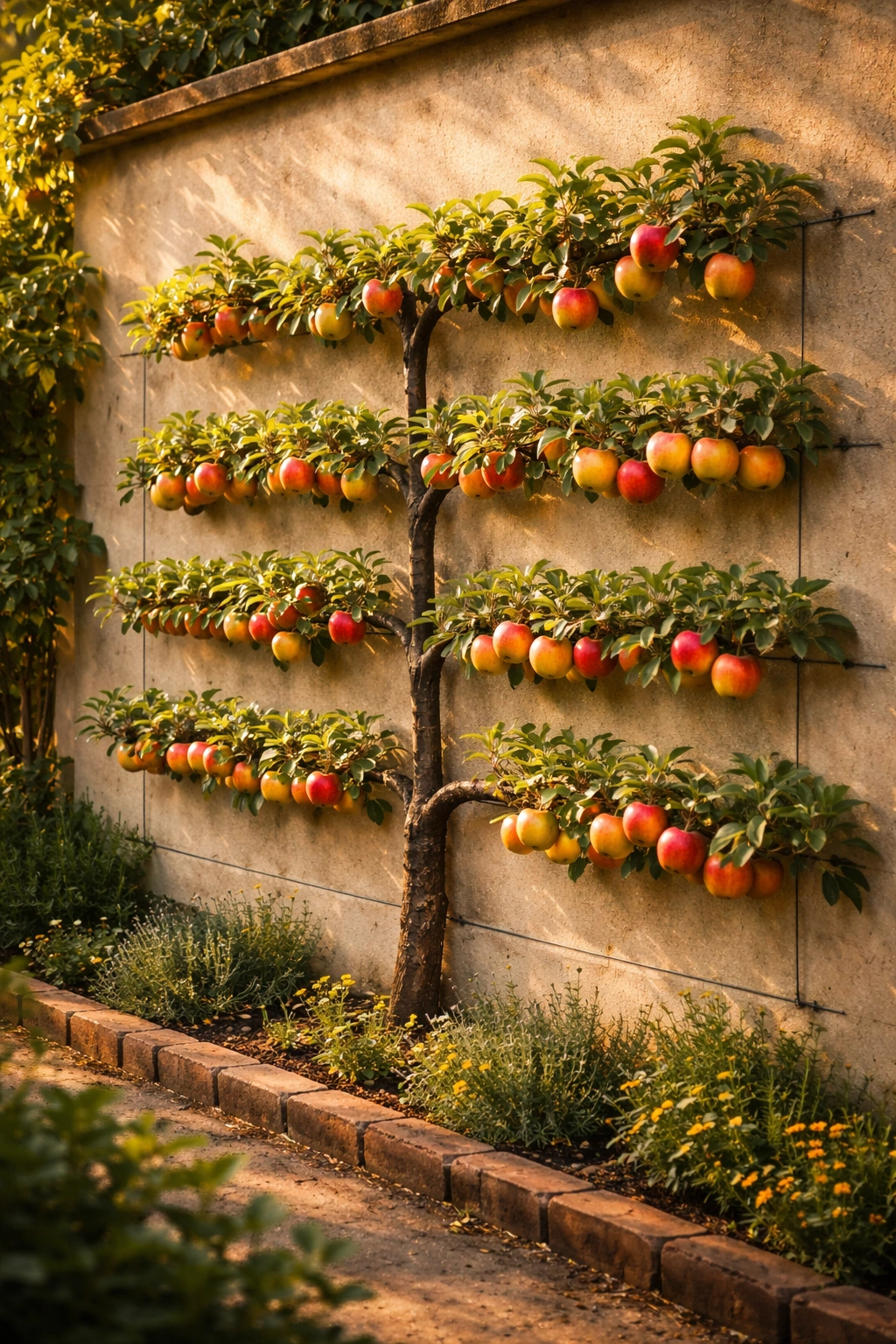 Espalier apple tree trained on wall showing space-saving harvest technique in a narrow garden