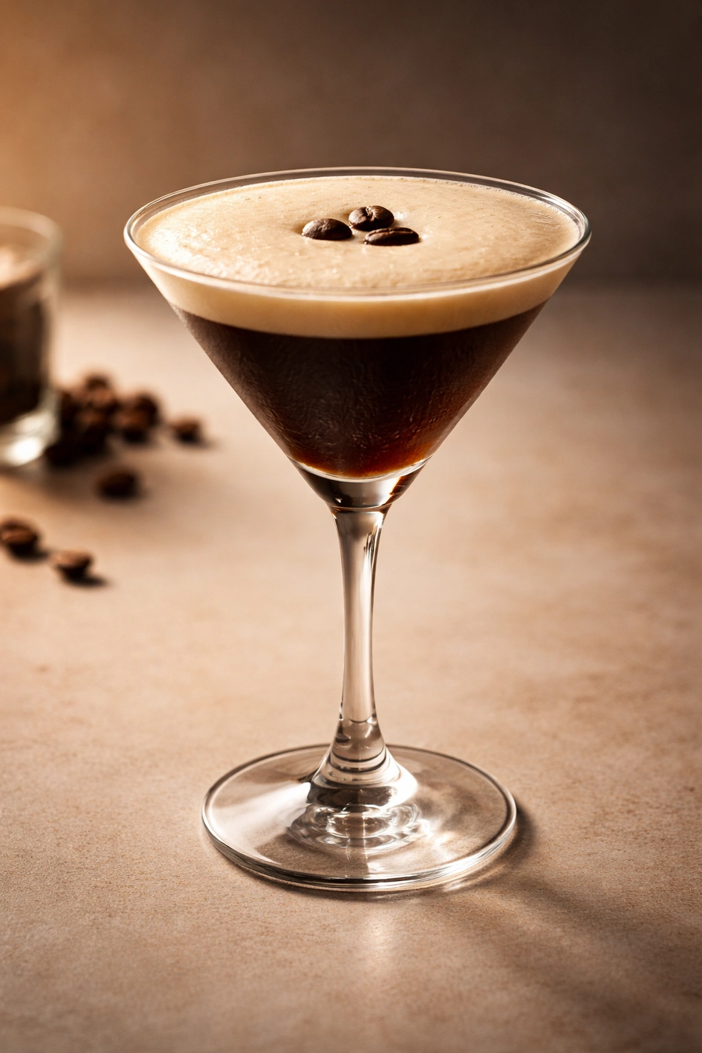 Espresso martini with a frothy top in a chilled glass.