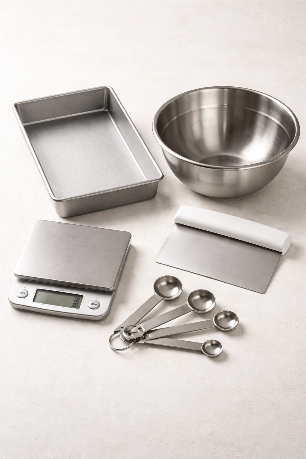 Tools needed for focaccia baking arranged on a neutral surface