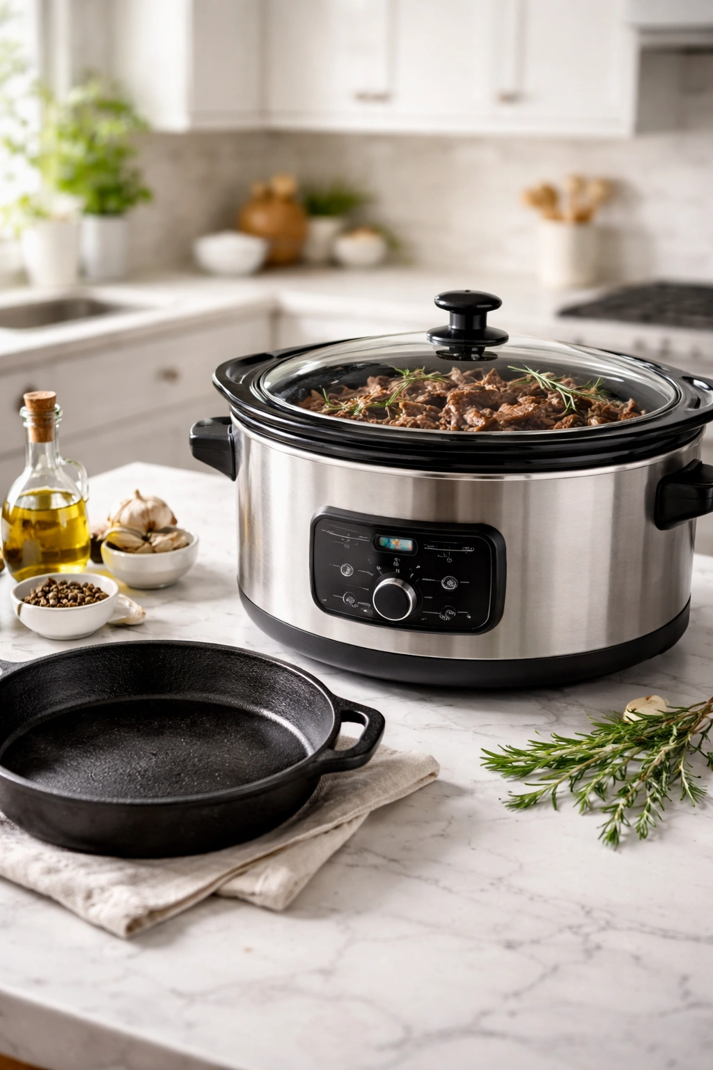 Slow cooker with cast-iron skillet on counter