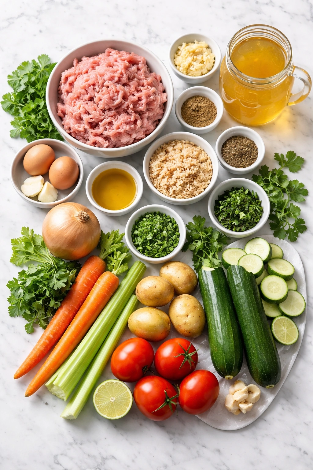 Overhead arrangement of essential ingredients for Albondigas soup.