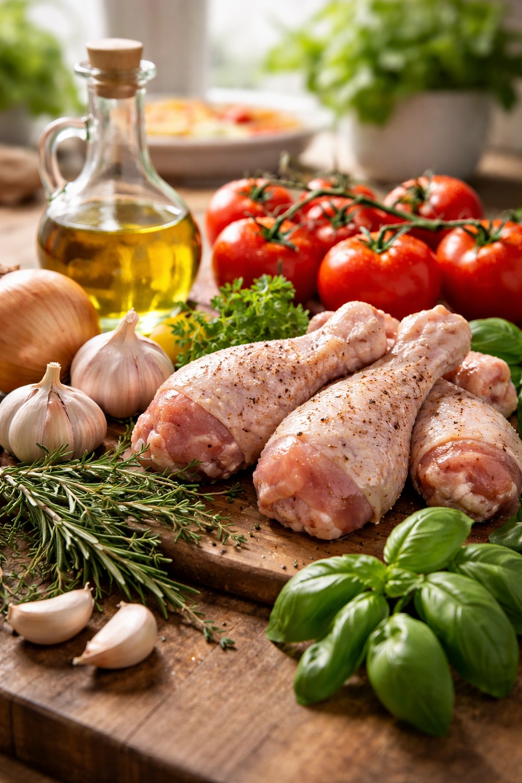 Close-up of essential ingredients: drumsticks, tomatoes, garlic, onions, herbs