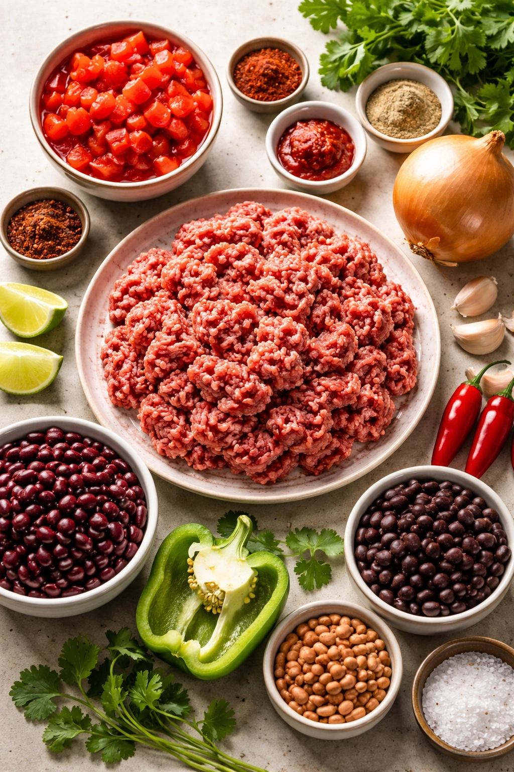 Raw beef, onion, garlic, pepper and tomatoes arranged for chili