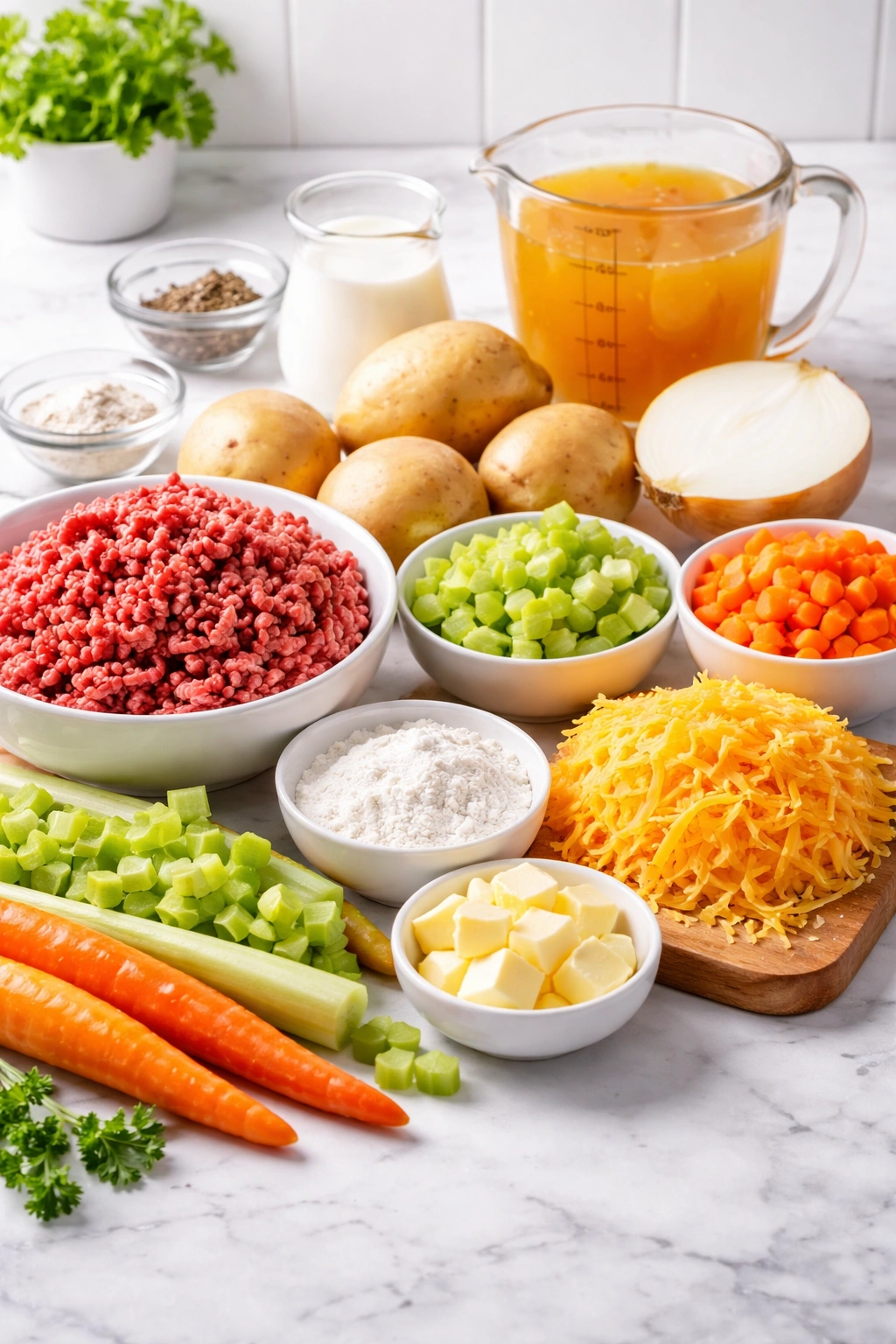 Assortment of essential ingredients for cheeseburger soup on bright counter