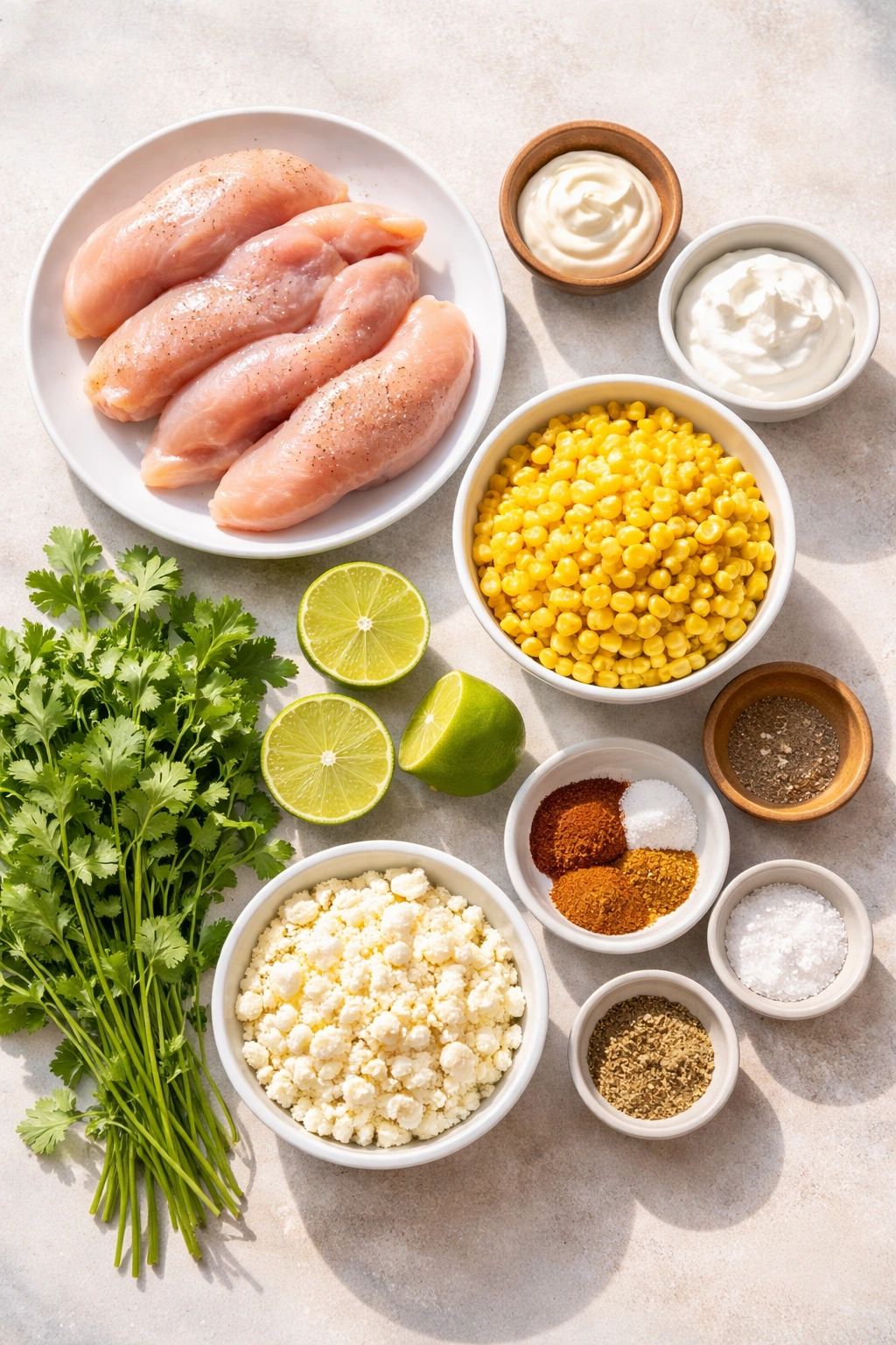 Flat lay of essential ingredients for street corn chicken