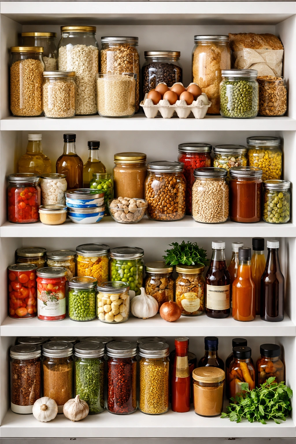 Display of essential pantry staples grouped by category