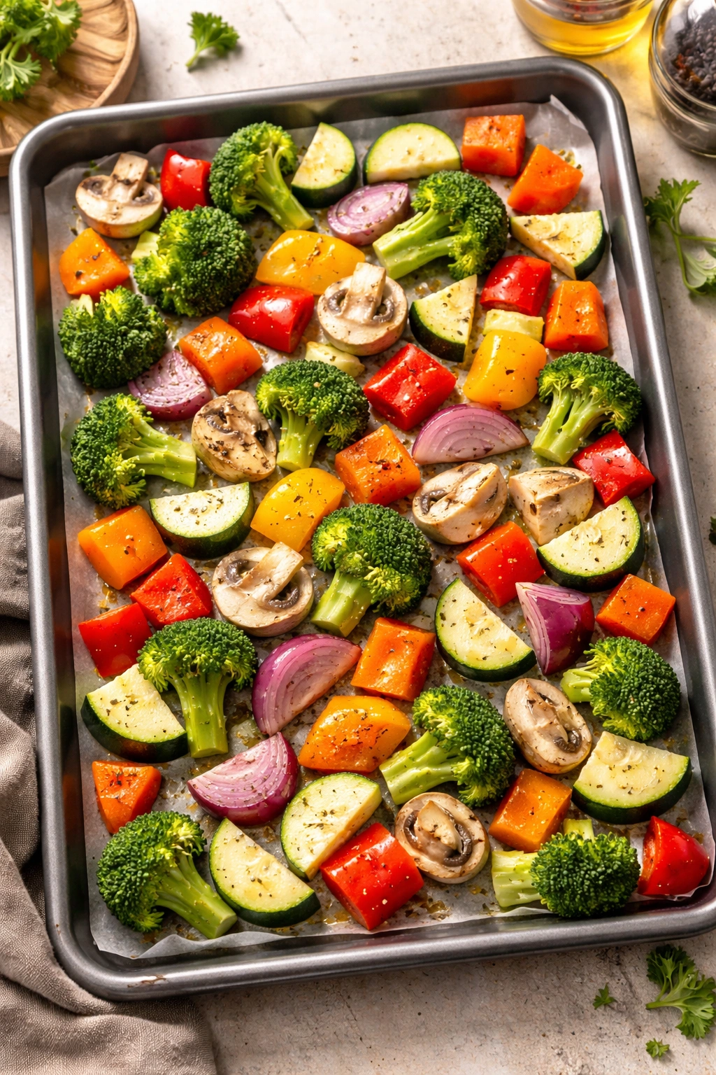 Mixed vegetables in uniform sizes on roasting tray ready to roast