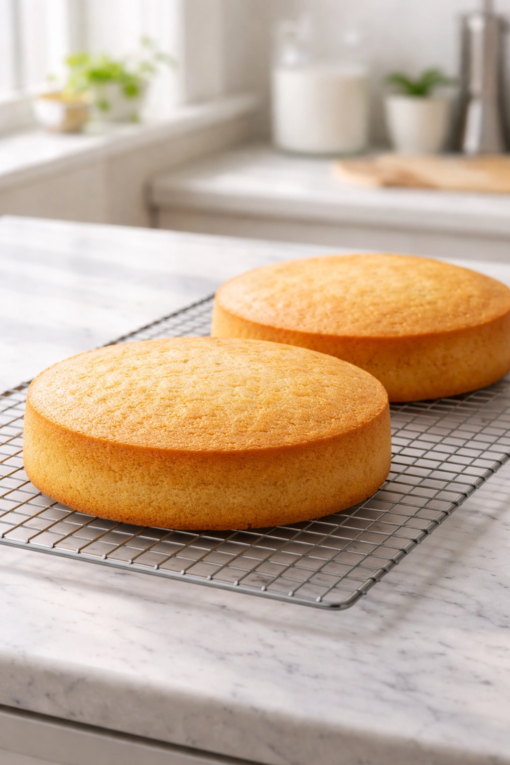 Two evenly risen vanilla cake layers cooling on a wire rack