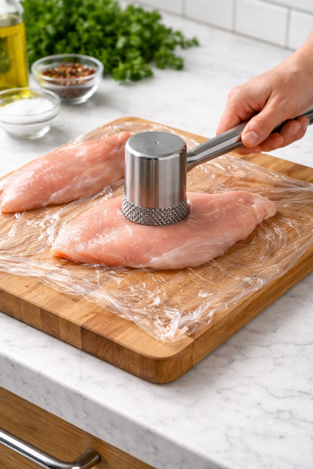 Chicken breast being pounded to even thickness on cutting board