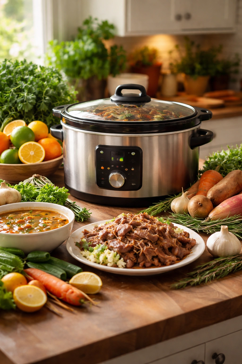 Slow cooker surrounded by seasonal ingredients representing extended cooking year-round