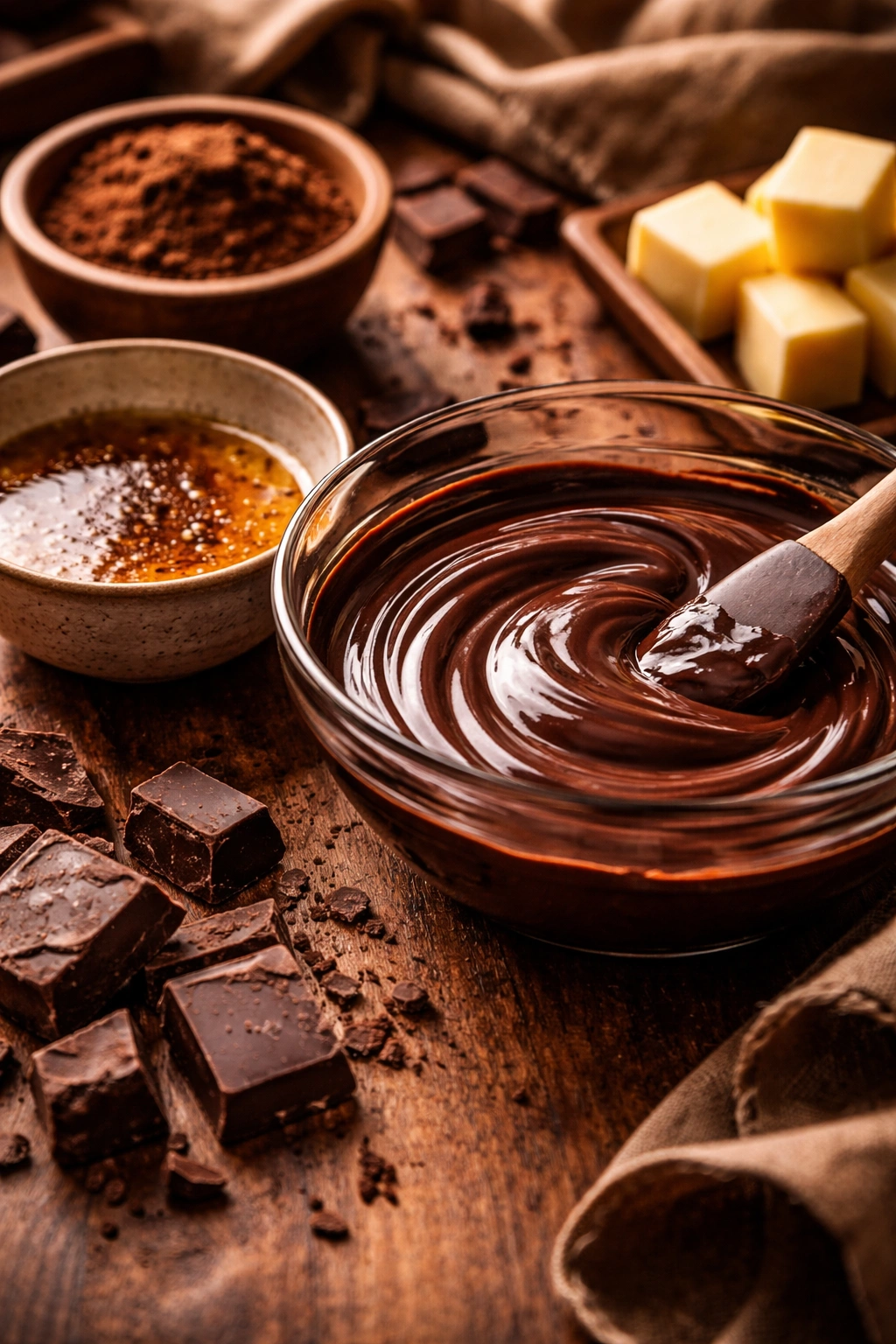 Browned butter and melted dark chocolate on wood surface