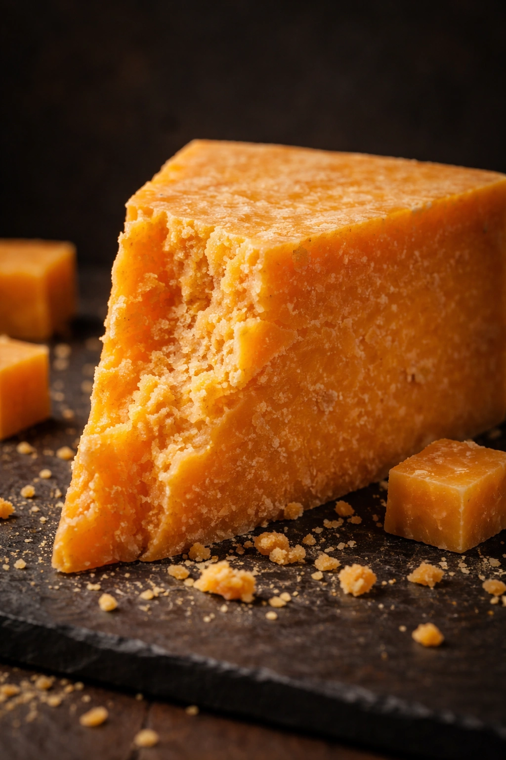 Close-up of extra-sharp aged cheddar highlighting rich color and texture
