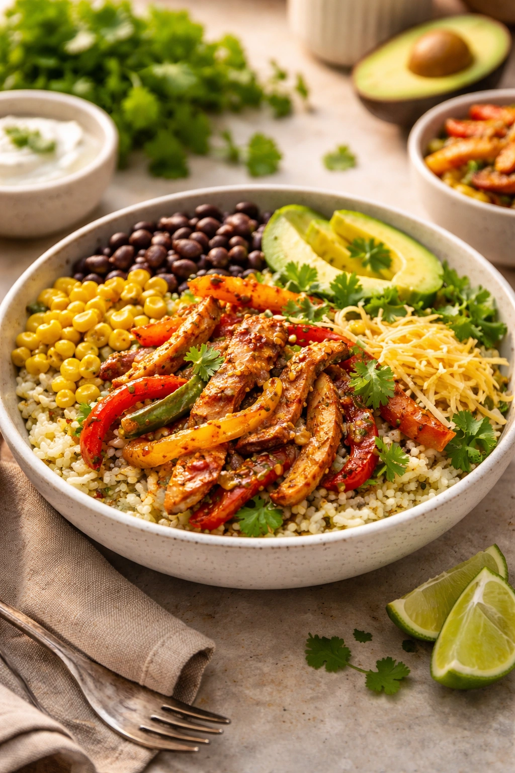 Fajita bowl with chicken, peppers, rice, beans, avocado, and cheese