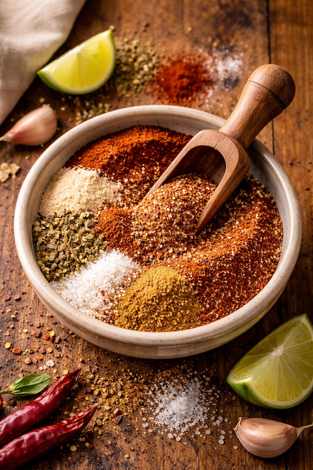 Colorful fajita seasoning blend in a bowl with a wooden scoop