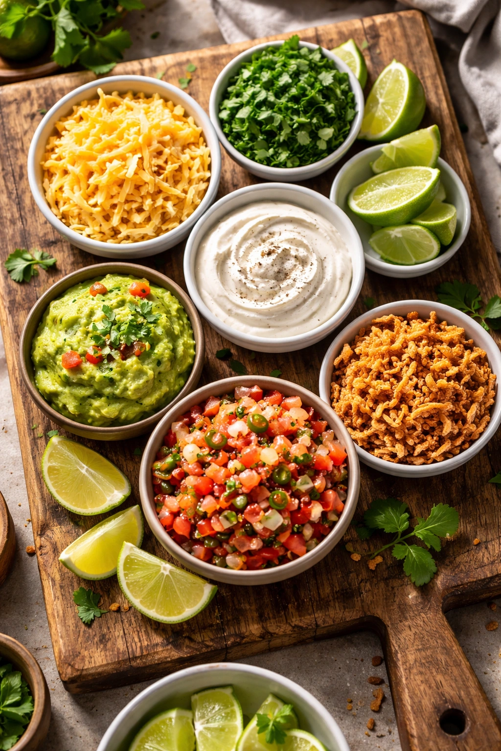 Assortment of fajita toppings in bowls: cheese, sour cream, cilantro, lime, guacamole, pico de gallo