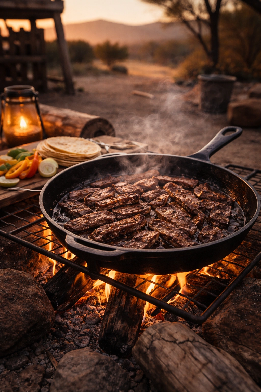 Rustic campfire skillet cooking steak fajita history with cast iron over open flame