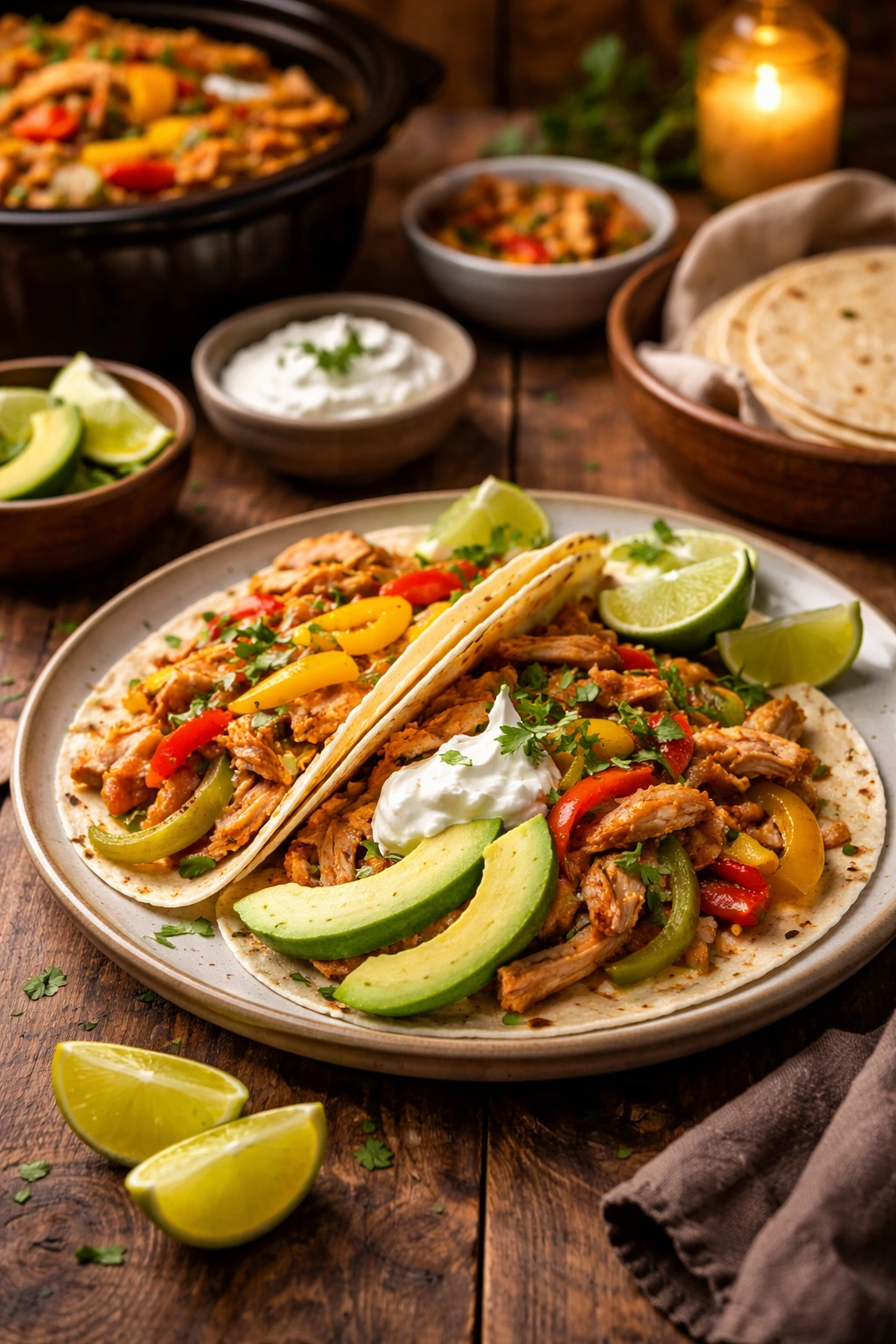Plated chicken fajitas with peppers, onions, avocado, and lime on a wooden table