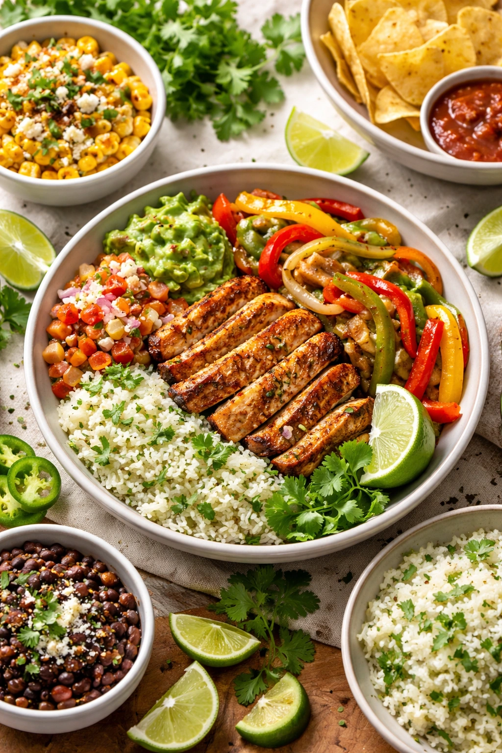Colorful fajita bowl with chicken, peppers, and cilantro-lime rice