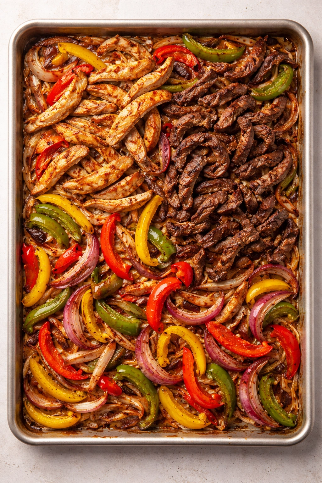 Sheet pan fajitas with peppers and onions on a single pan