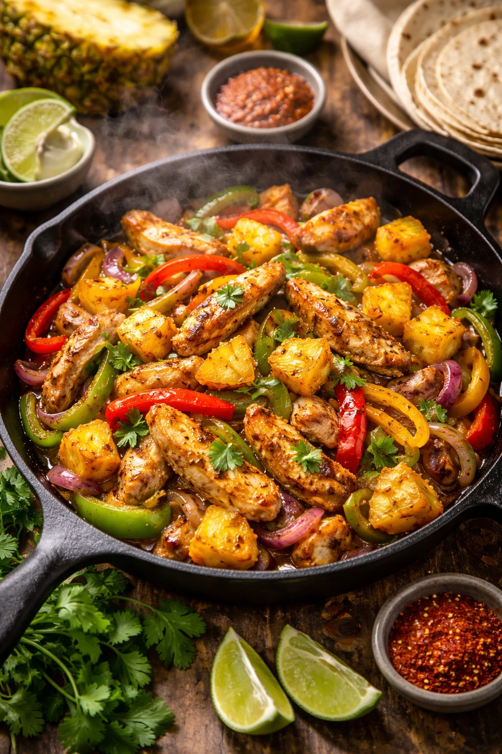 Pineapple fajitas in a skillet with chicken, peppers, onions and pineapple chunks