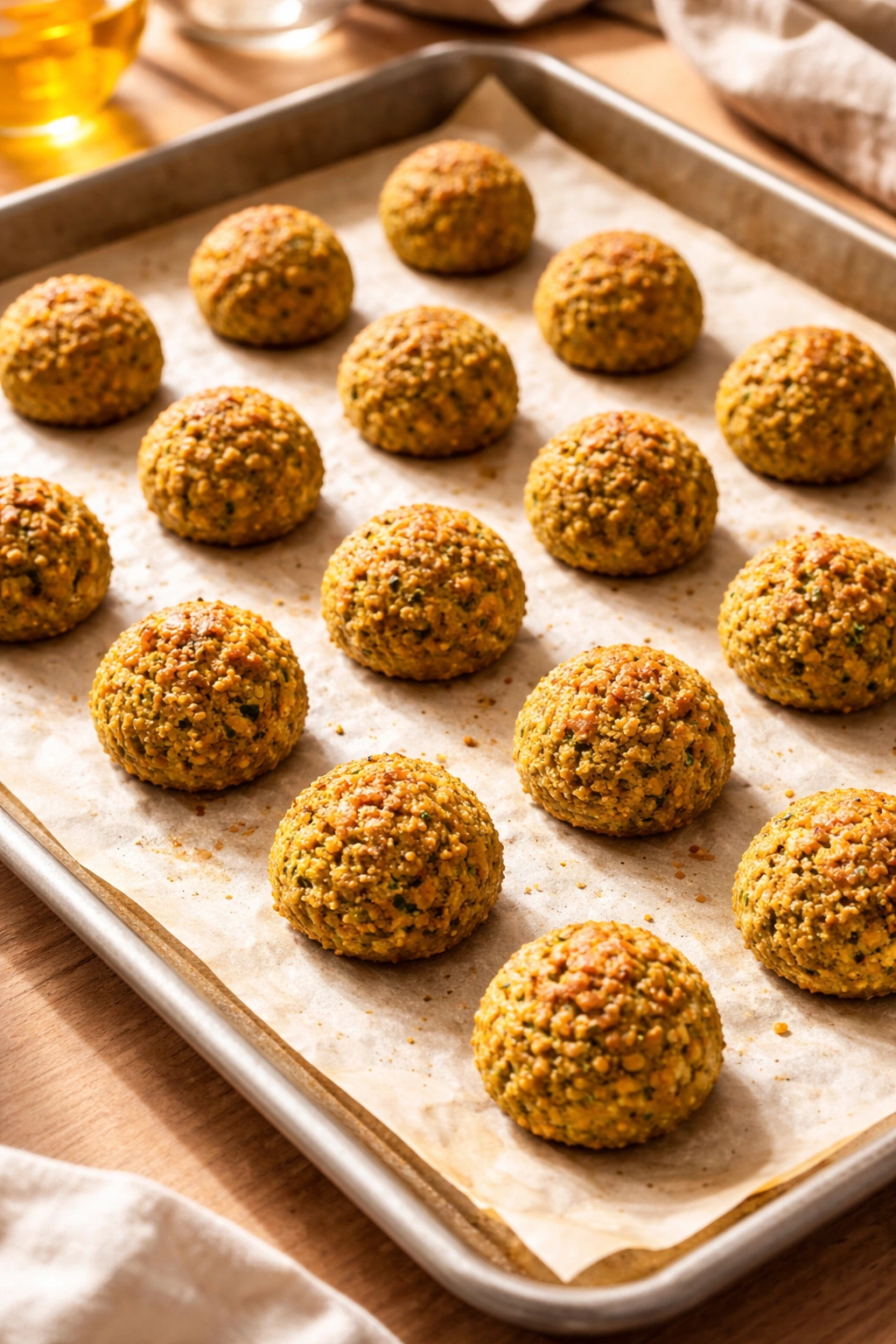 Uniform baked falafel balls on a sheet