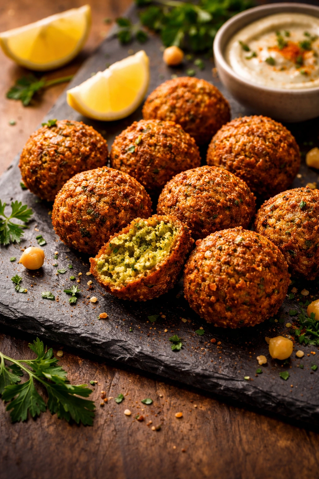 Golden crispy falafel balls on a dark slate board