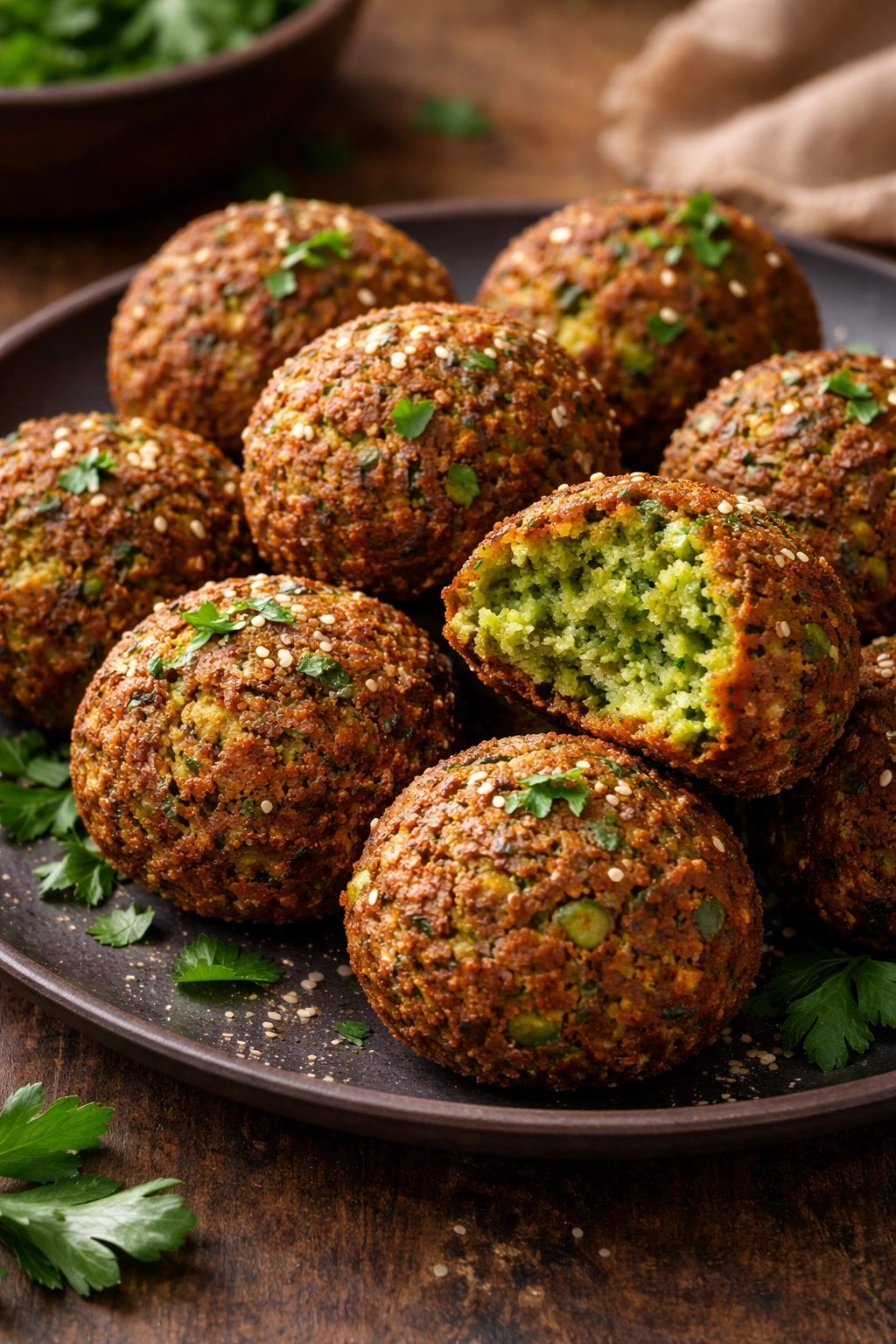 Golden falafel with herb flecks on a dark plate