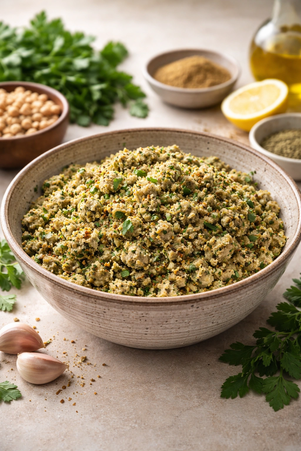 Falafel dough with herbs in a bowl