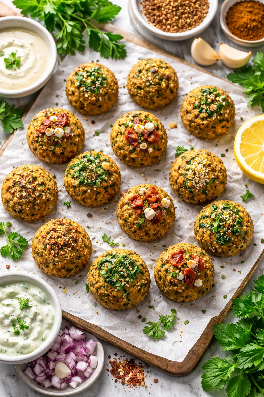 Herb-speckled falafel balls on parchment-lined sheet