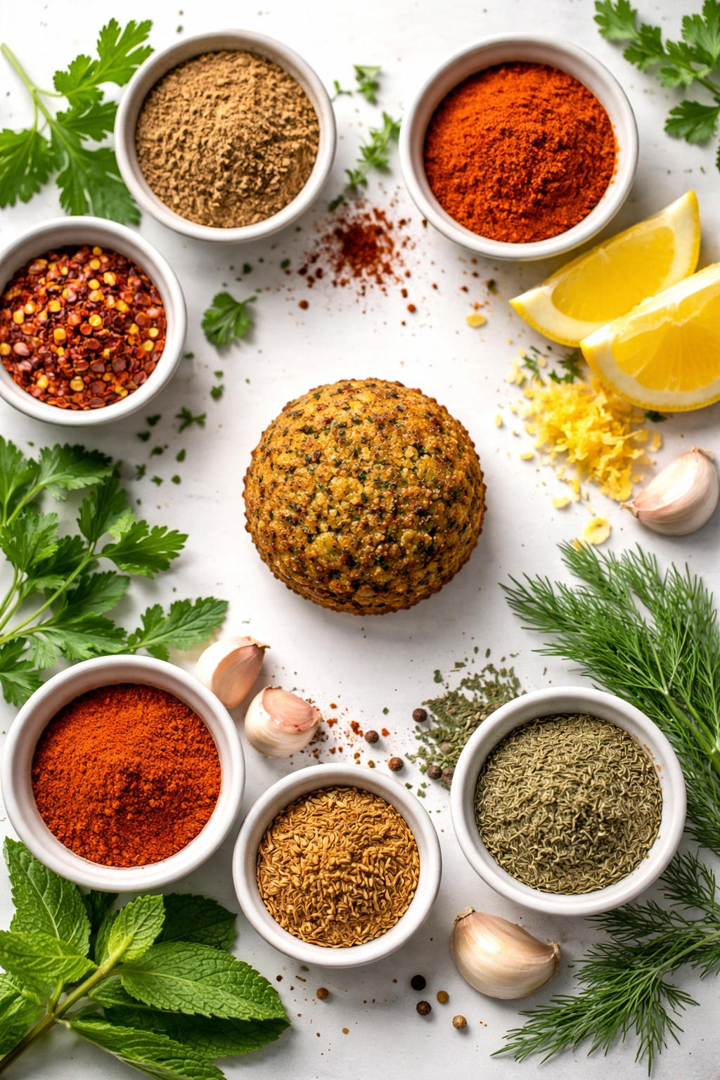 Falafel with spice variations and herbs showing flavor options.
