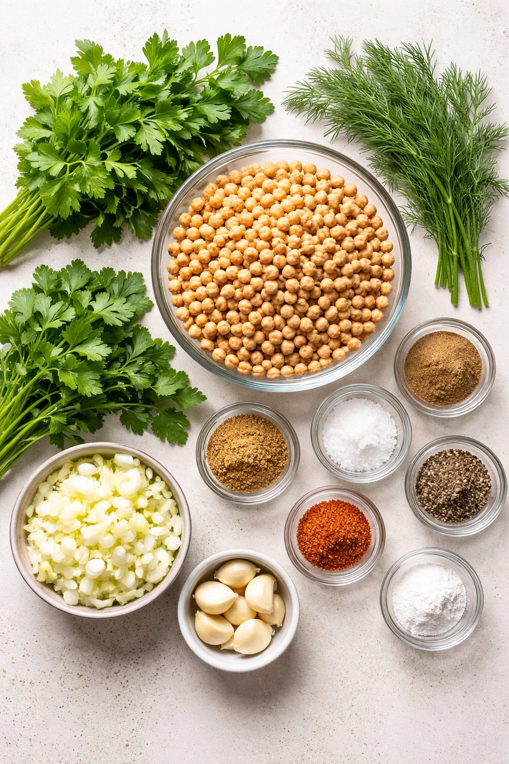 Flat lay of falafel ingredients including chickpeas and herbs on a clean surface.