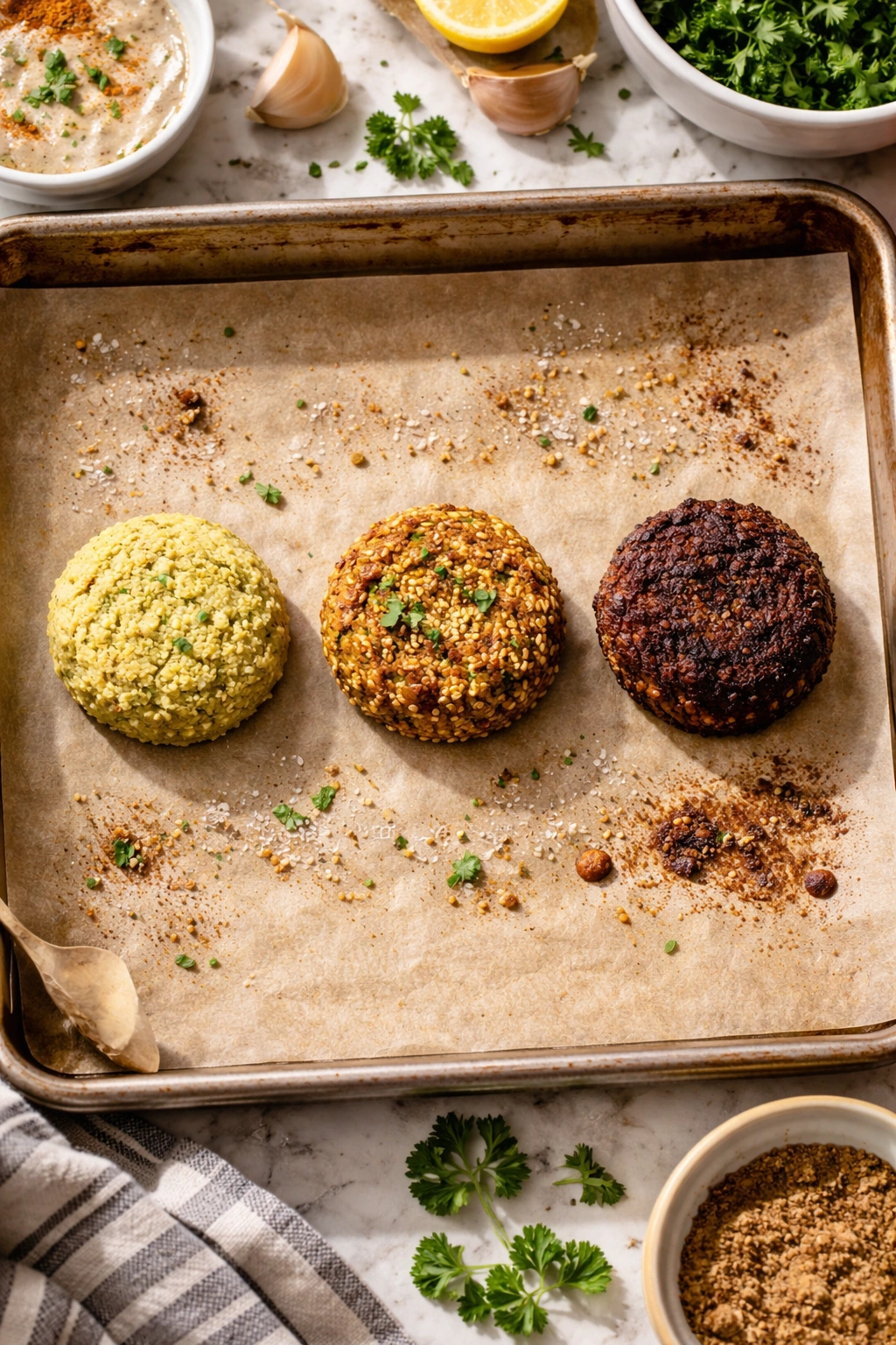 Three falafel balls showing pale, browned, and burnt textures