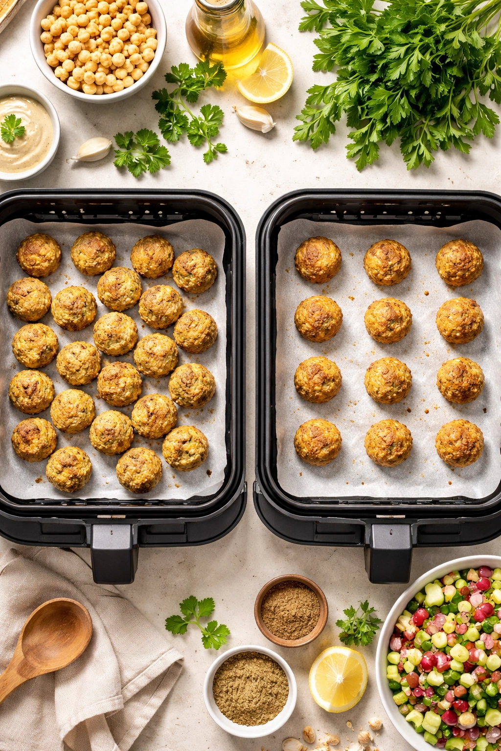 Two trays showing crowded versus spaced falafel to illustrate common mistakes.