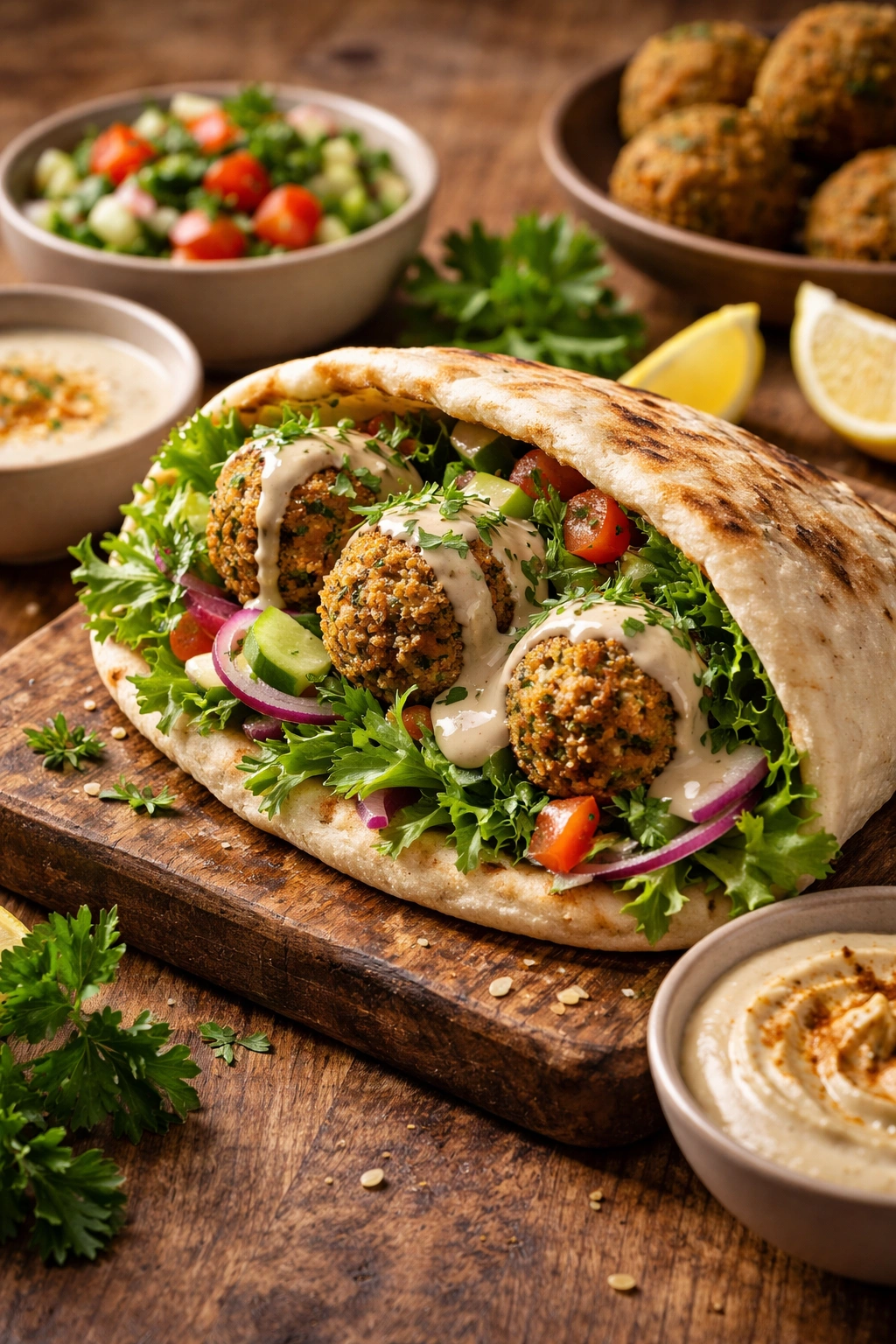 Falafel pita sandwich with greens and tahini on a wooden board