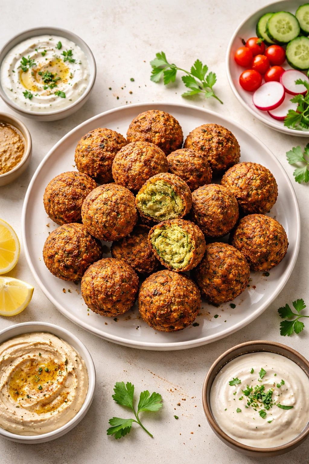 Falafel balls on a white plate with neutral background