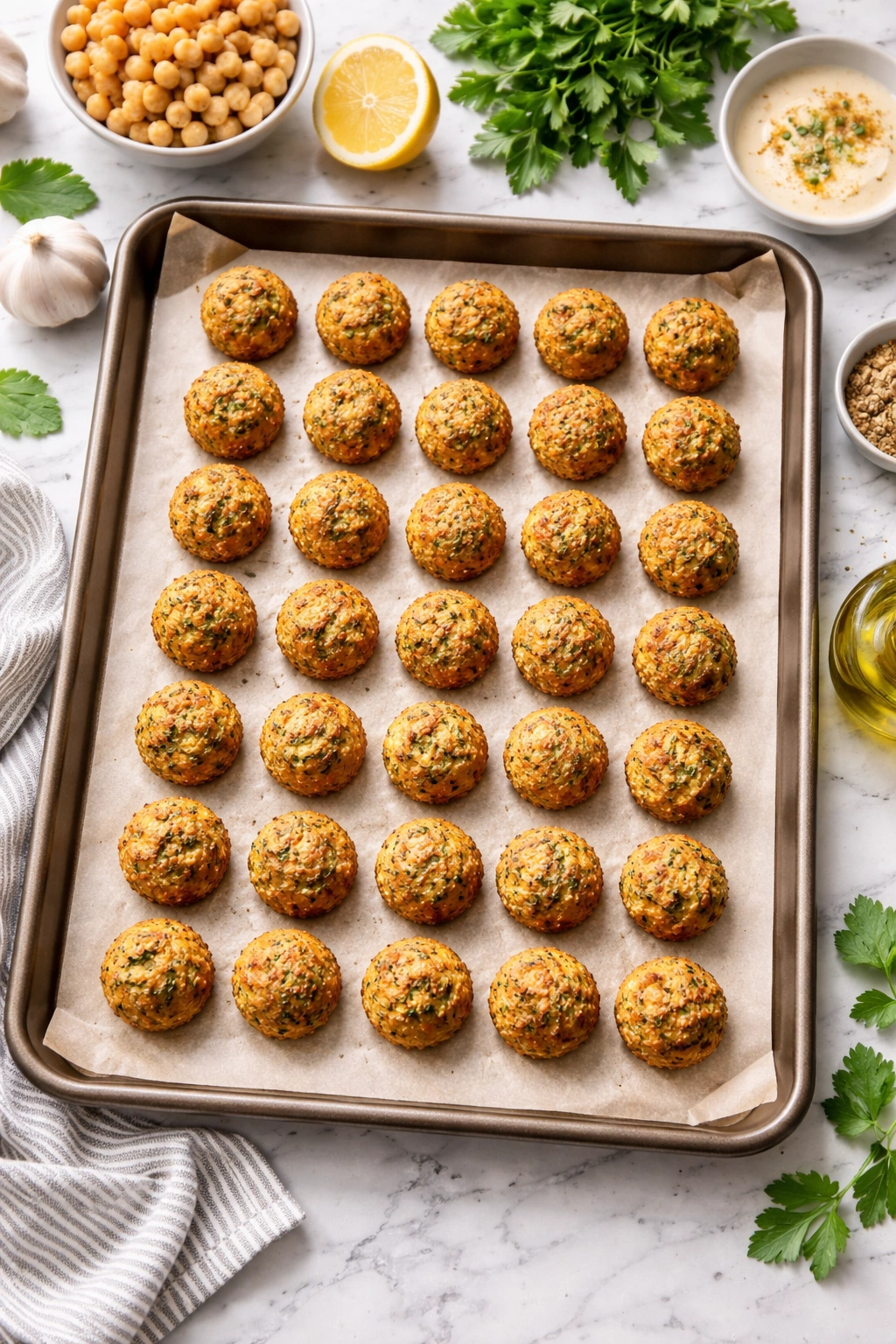 Top-down view of parchment-lined baking sheet with evenly spaced baked falafel balls