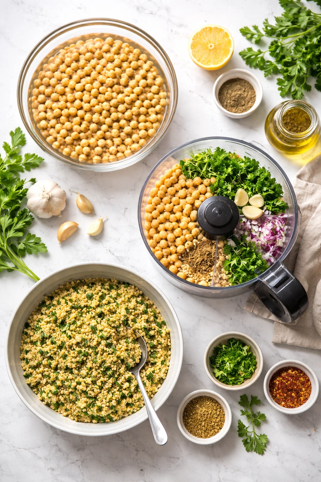 Overhead view of falafel preparation stages: soaking chickpeas, pulsing in a processor, and forming the mixture.