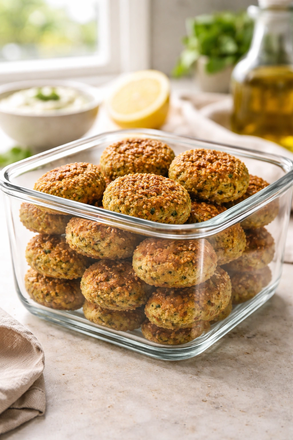 Glass storage container with baked falafel on counter