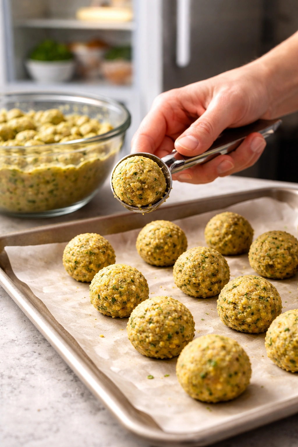 Close-up of a hand shaping a falafel ball with a scoop for uniform size.