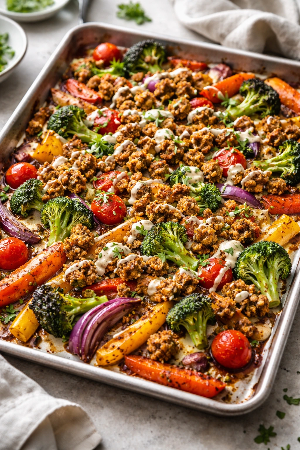 Roasted vegetables with falafel crumbles and tahini on a plate.
